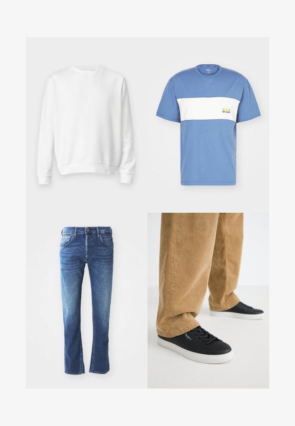 Hvid crewneck sweatshirt lavet af blødt bomuldsstof. Lange ærmer, ribbede manchetter og kant, glat tekstur og minimalistisk design.; Blå bomulds t-shirt med en hvid vandret stribe, rund halsudskæring og et solgrafik med "PEPE JEANS"-tekst på venstre bryst.; Mørkeblå denim jeans med lige ben-design, der har fem lommer, en brun knaplukning og diskret lys udtoning ved lårene.; Sorte lædersneakers med hvide gummisåler. Båret med tanfarvede corduroybukser med vertikale ribber og en afslappet pasform.