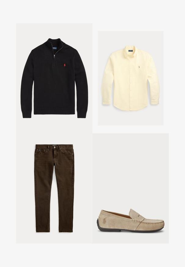 Mustast kudumist pikkade varrukatega pullover pool lukuga kraega ja vasakul rinnal punase, tikk-kirjaga Polo Ralph Laureni logoga.; Kollaste triibulise mustriga pikkade varrukatega nööpidega pluus klassikalise kraega, millel on vasakul rinnal väike tikitud logo. Puuvillane kangas.; Kitsas tumepruunid teksad viie taskuga, nööp- ja lukukinnitusega, nähtavate Polo kaubamärgi siltidega vöökohal ja esimeses taskus.; Bež sueded loafers, mille õmblustega detailide, lame kummitald ja väike logo küljel. Klassikaline libisev disain, pehme tekstuur.