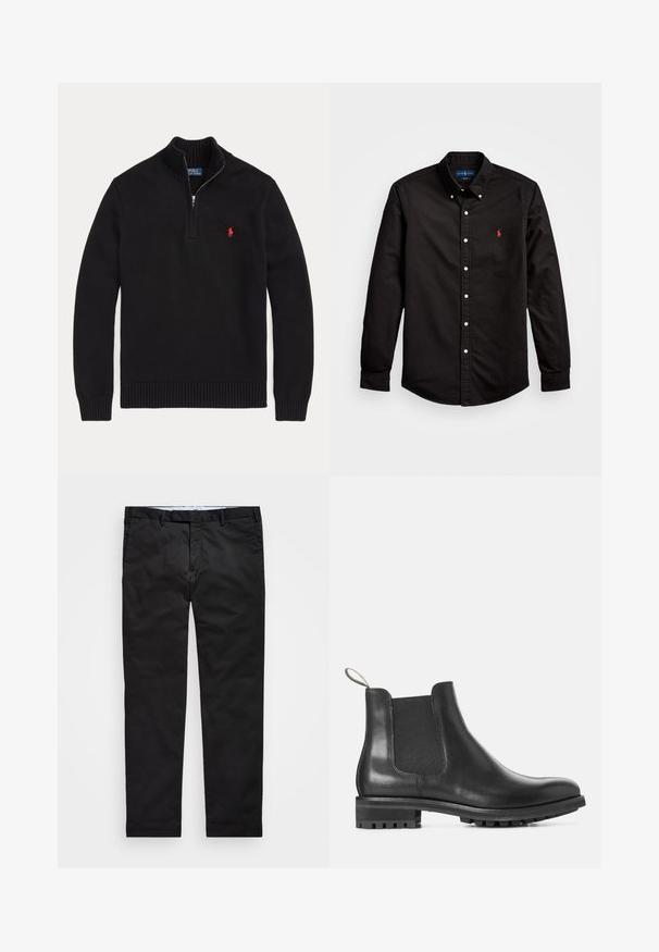Mustast kudumist pikkade varrukatega pullover pool lukuga kraega ja vasakul rinnal punase, tikk-kirjaga Polo Ralph Laureni logoga.; Must beebi, mis on valmistatud puuvillast, klassikalise kraega ning millel on valged nööbid ja punane logo vasakul rinnal.; Mustadest chinos'itest, otse jalgadega sobivused, valmistatud puuvillase segu kangast, millel on lukuga lend, vöökohad ja küljetaskud. Sile tekstuur.; Must musta Chelsea saab, millel on elastne külg, ümar nina ja kummist talla, millel on tekstuurne muster haardumise tagamiseks.