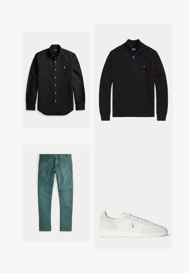 Čierny pletený pulóver s dlhým rukávom, s polovičným zipsom na golieri a červeným vyšívaným logom Polo Ralph Lauren na ľavej strane hrudníka.; Čierna košeľa s dlhým rukávom na gombíky, s gombíkovým golierom a malým žltým logom Polo Ralph Lauren na ľavej strane hrudníka.; Zelené bavlnené džínsy slim fit. Majú dve predné vrecká, zips a kontrastné stehy. Hladká textúra, rovnomerná farba.; Biela nízka teniska so šnurovaním, zlaté logo Polo Ralph Lauren na boku a textúrovaná podrážka na jednofarebnom pozadí.