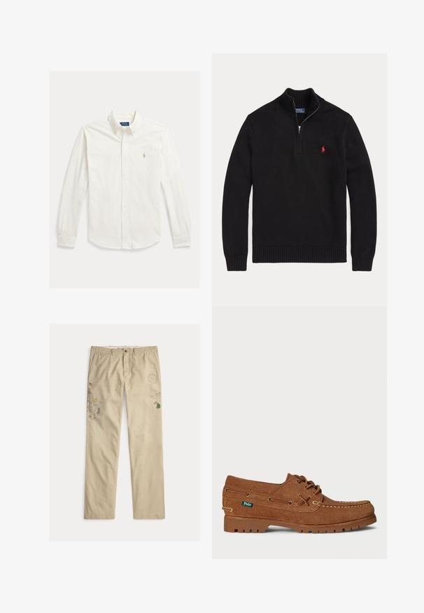 Schwarzer langärmliger Strickpullover mit halbhohem Reißverschlusskragen und rotem, gesticktem Polo Ralph Lauren Logo auf der linken Brust.; Weißes langärmeliges Hemd mit Knopfleiste und Kragen, mit Polo Ralph Lauren-Logo auf der linken Brustseite bestickt.; Beige Baumwollhosen mit bestickten Motiven, darunter Bäume und Berge, mit Knopfverschluss und Gürtelschlaufen.; Braune Wildleder-Boots mit Schnürung, Mokassin-Nähten, Gummisohle und "Polo"-Label an der Seite.
