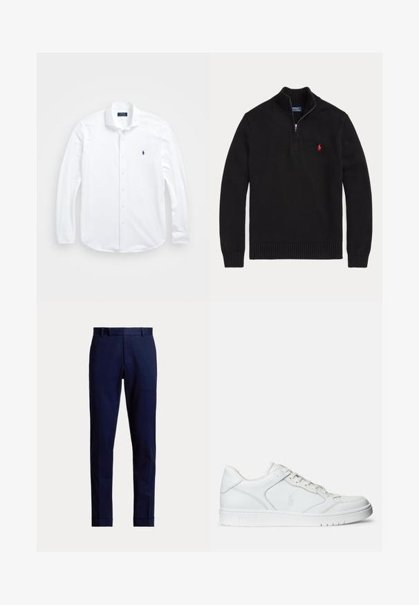 Zwarte gebreide trui met lange mouwen, halve ritssluiting bij de kraag en rood geborduurd Polo Ralph Lauren-logo op de linkerborst.; Witte lange mouwen knoopshirt van katoen. Heeft een klassieke kraag, normale pasvorm en een klein marineblauw logo op de borst.; Marineblauwe slim fit broek met riemlussen, voorrits en omgeslagen pijpen, getoond tegen een effen lichte achtergrond.; Witte leren sneaker met een gladde textuur, voorzien van een geperforeerde neus, vetersluiting en geborduurde logo aan de zijkant. Witte rubberen zool.