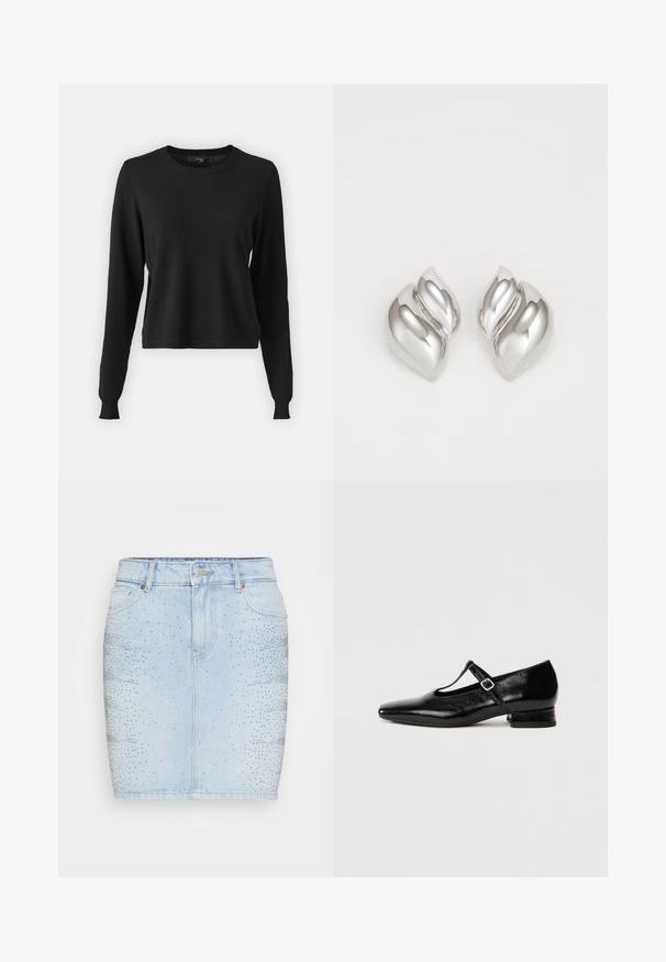 Suéter negro de manga larga, con cuello redondo, puños acanalados y un ajuste ligeramente cropped. Fabricado en un tejido de punto suave.; Falda de mezclilla azul claro con un diseño ajustado, cintura media y adornada con tachuelas plateadas en un patrón degradado en un lado.; Zapatos Mary Jane de cuero negro con punta puntiaguda, tacón pequeño de bloque y correa ajustable con hebilla plateada. Textura lisa y brillante.; Pendientes de plata con una forma orgánica y abstracta. Superficie lisa y brillante con un diseño cónico. Presentan suaves curvas y un detalle de línea central.