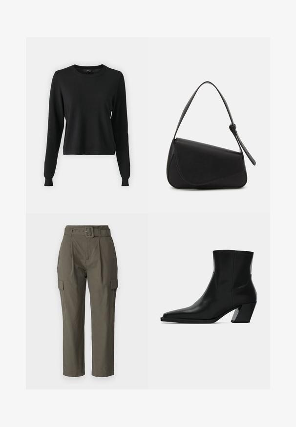 Suéter negro de manga larga, con cuello redondo, puños acanalados y un ajuste ligeramente cropped. Fabricado en un tejido de punto suave.; Pantalones cargo en verde oliva, hechos de tela ligera. Las características incluyen una cintura con cinturón, pliegues frontales y bolsillos laterales con cierres de solapa.; Bota de tobillo de cuero negro con punta afilada, una silueta elegante y un tacón cuadrado grueso. Textura suave con detalles de costura mínimos.; Bolso de mano de cuero negro con forma triangular, tapa en ángulo y un asa superior redondeada. Presenta una textura suave y detalles de diseño minimalistas.