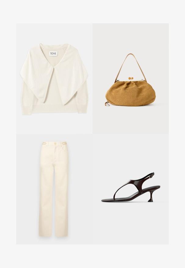 Pull en maille couleur crème avec un large col, des manches longues et un ourlet côtelé. Texture douce et design minimaliste. Étiquette portée "TOVE."; Rabanne Jean droit - off white denim; Sandale slingback en cuir verni marron foncé avec petit talon et bride entre les orteils sur fond blanc.; Sac à main tressé marron avec un corps arrondi, une fermeture à bouton boule en bois, et une bandoulière fine en cuir.