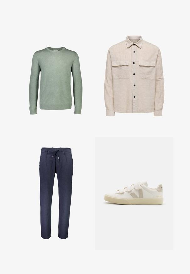 Suéter de manga larga color verde claro con cuello redondo, puños y dobladillo acanalados, presentado sobre un fondo blanco liso.; Camisa beige de manga larga con botones, cuello, dos bolsillos delanteros con solapa y botones negros en el centro delantero.; Pantalones tapered de color azul marino, hechos de una tela texturizada, con una cinturilla elástica y cordón ajustable, además de bolsillos laterales.; Zapatillas de cuero blancas con correas de Velcro, acentos beige, punta redondeada, suela de goma texturizada y logo en relieve. Diseño minimalista.
