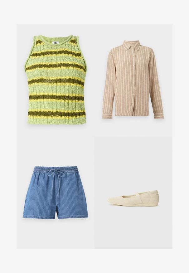 Un haut sans manches tricoté vert clair avec des rayures horizontales vert foncé et jaunes, texture côtelée et encolure ronde.; Chemise beige à manches longues avec des rayures blanches verticales et un col pointu.; Short en denim bleu avec fines rayures verticales, taille élastique et cordon de serrage à l’avant.; Ballerines beiges avec une exterior en cuir lisse, un bout en forme d'amande et une sangle élastique sur le coup de pied, avec des détails de couture subtils.