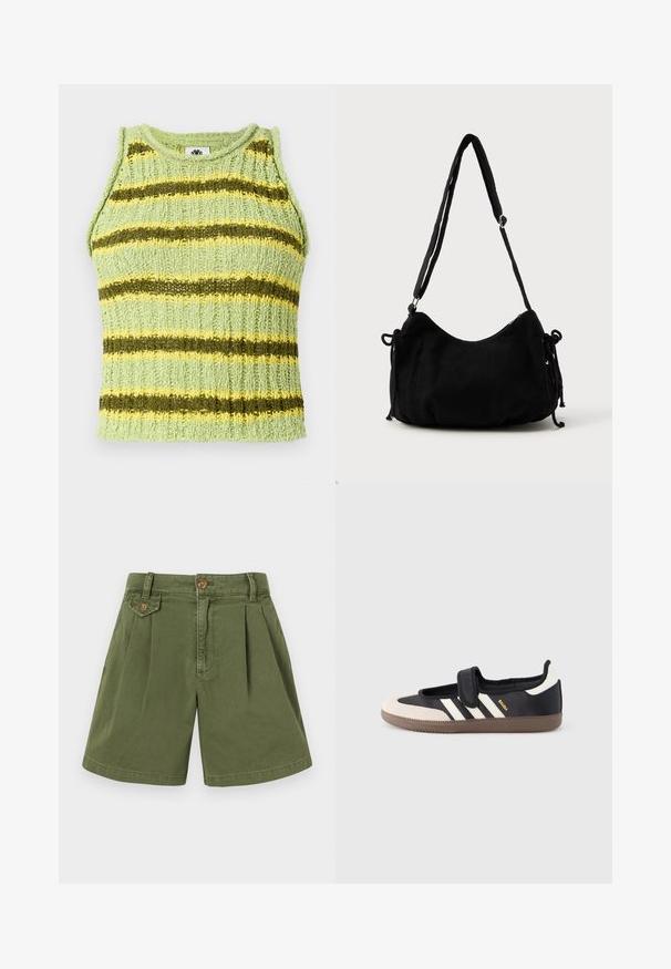 Hellgrünes gestricktes ärmelloses Oberteil mit horizontalen dunkelgrünen und gelben Streifen, geripptem Textur und rundem Halsausschnitt.; Khaki-Shorts aus Baumwolle mit einem gefalteten Design, einem Knopf auf der Taille und Seitentaschen. Glatte Textur und gerader Beinausschnitt.; Schwarzer und beiger Sneaker mit Klettverschluss, drei weißen Streifen an der Seite und einer strukturierten braunen Gummisohle. Markenlogo sichtbar.; Schwarze Cordtasche mit geschwungener Form, verstellbarem Schultergurt und Kordelzugverschlüssen an beiden Seiten zur Größenanpassung.