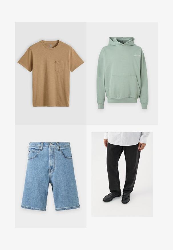 Light green hoodie with front kangaroo pocket and white text "GOOD TIMES, BAD DECISIONS" on upper left chest.; Plain light brown short-sleeve crew neck T-shirt with a left chest pocket and small red tag on pocket edge, laid flat on a light background.; Light blue denim shorts with front button, zipper, belt loops, and pockets, displayed against a white background.; Black denim pants paired with shiny black loafers. The shirt is white with thin vertical stripes, with long sleeves and a buttoned collar.
