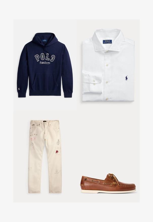 Mørkeblå hættetrøje med forlomme, "POLO Ralph Lauren" broderet på brystet og lille logo på venstre ærmekant.; Hvid skjorte med lange ærmer, foldet med knappede manchetter, en klassisk krave og Polo Ralph Lauren-logo broderet i blåt på brystet.; Beige bukser med forlommer og bæltestropper med falmede røde og sorte grafiske prints og tekstdesign på begge ben.; Brun læder bådsko med hvid sål, snørebånd bundet foroven og metal-øjer langs siderne og i forreste syning.