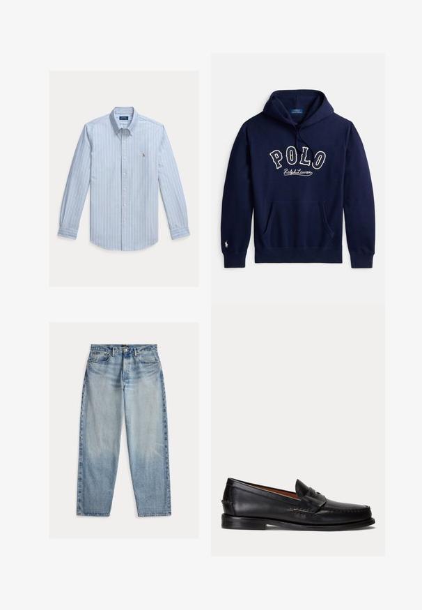 Marineblauer Kapuzenpullover mit Vordertasche, "POLO Ralph Lauren" auf der Brust gestickt und kleinem Logo an der linken Manschette.; Hellblaues Langarm-Hemd mit weißen vertikalen Streifen und einem kleinen gestickten Polo Ralph Lauren Logo auf der Brust.; Hellblaue Jeans aus Denim mit lockerem Schnitt. Sie haben eine hohe Taille, fünf Taschen und sichtbare Nähte. Die Oberfläche ist leicht strukturiert.; Schwarzer Lederloafer mit niedrigem Absatz und Pennyriemendetail, von der Seite auf hellgrauem Hintergrund gezeigt.
