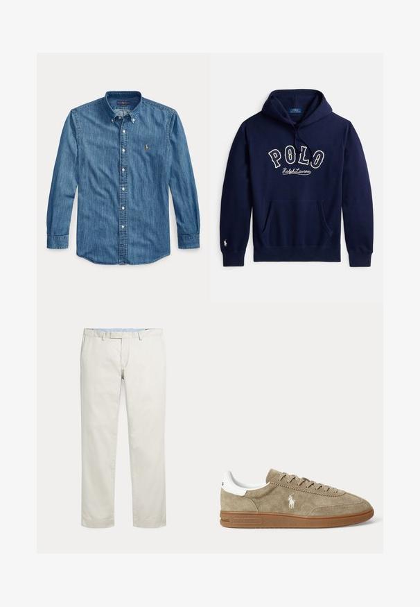 Tmavomodrá kapucňová mikina s predným vreckom, na hrudi vyšitý nápis "POLO Ralph Lauren" a malým logom na ľavom manžetovom leme.; Modrá rifľová košeľa s dlhým rukávom, golierom a malým vyšívaným logom na ľavej strane hrudníka vedľa gombíkov.; Krémové nohavice s rovnými nohavicami, s pútkami na opasok a skrytým predným zapínaním na jednoduchom pozadí.; Nízkoprofilová béžová semišová teniska s hnedou podrážkou, bielym detailom na päte, šnúrkami a bielym vyšívaným logom hráča póla na boku.