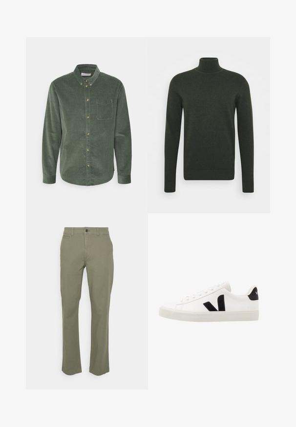 Pull à col roulé vert foncé en matière tricotée ; manches longues, design ajusté, col et poignets côtelés, texture lisse, sans motifs ni embellissements.; Chemise boutonnée en velours côtelé vert, à manches longues, avec un col, une poche avant et des boutons dorés. Elle présente un tissu texturé et un ourlet incurvé.; Pantalon vert olive avec une coupe droite, fabriqué en tissu mélangé de coton. Comprend des poches avant et une fermeture à un bouton.; Sneaker blanche en cuir avec des accents en daim noir ; dispose d'une semelle en caoutchouc, d'un bout rond et d'un design classique à lacets. Logo latéral en noir.