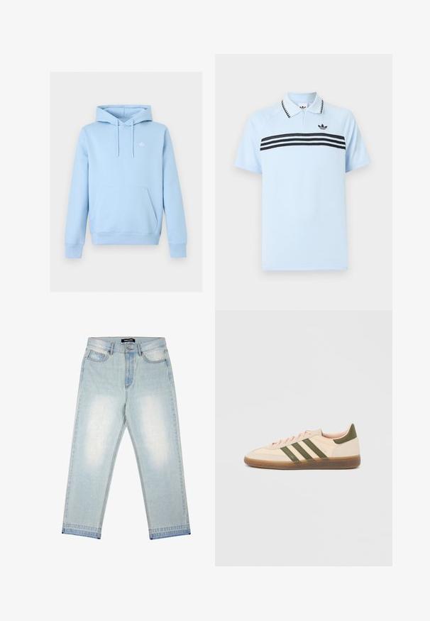 Lyseblå hættetrøje med frontlomme og lille hvid Adidas-logo på venstre bryst på ensfarvet baggrund.; Lyseblå polo lavet af tekstureret stof med sorte accentstriber og en sort logo på brystet. Har en krave.; Pegador BARROW - Loose-jeans - sand washed blue; Beige Adidas Spezial sneaker med lav profil, grønne striber, gummisål og "SPEZIAL"-branding på siden, vist fra ydersiden.