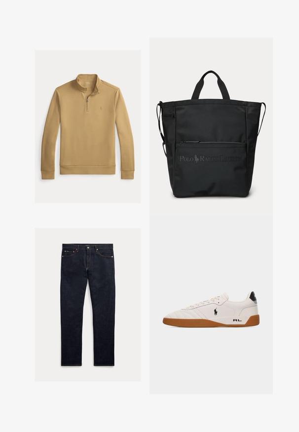 Langærmet pullover i kamelfarve med kvart lynlås og stående krave, med en lille broderet logo på venstre bryst.; Mørke denimjeans med lige ben, fem lommer, orange syninger og lukning med knapper. Stoffet har en glat tekstur.; Hvid lav sneakers med brun gummisål, sort Polo Ralph Lauren-logo på siden og "RL" tekst på hælområdet.; Sort tote-taske med korte håndtag, lomme med lynlås foran og præget Polo Ralph Lauren-logo.