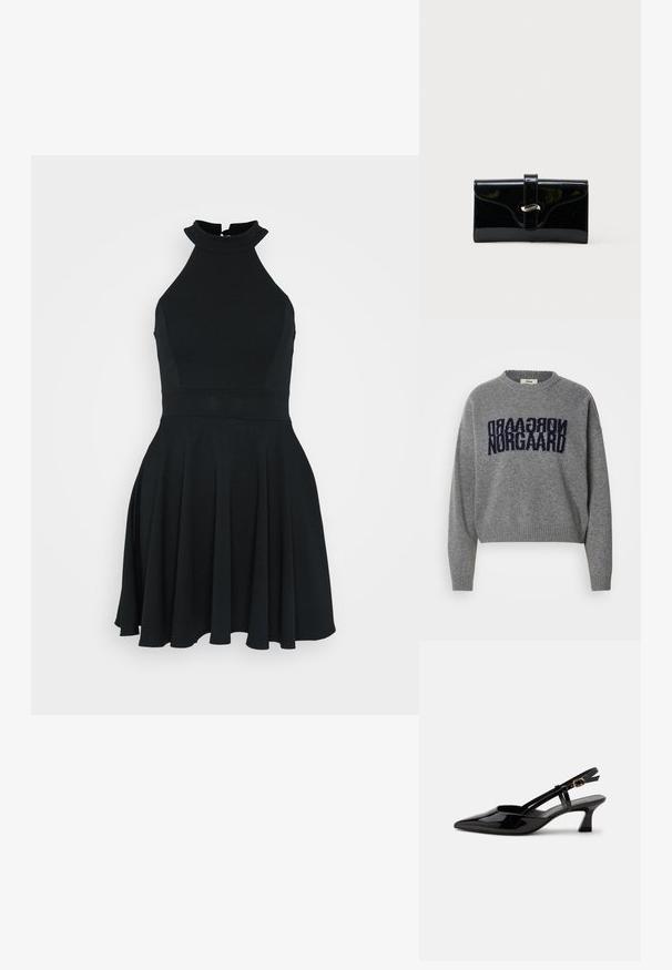 Grå, strikket sweater med rund hals og teksten "NORGAARD" i marineblå. Croppet design, ribbet kant og manchetter.; Sort, ærmeløs kjole med høj halsudskæring, tætsiddende liv og udvidet skørt. Fremstillet af et glat, strækbart stof med et enkelt design.; Sort laklæderslingback med lille hæl, spids tå og justerbar guldlåsrem på hvid baggrund.; Sort blank rektangulær pung med forreste rem og sølvfarvet metalspænde, sat mod en ensfarvet hvid baggrund.
