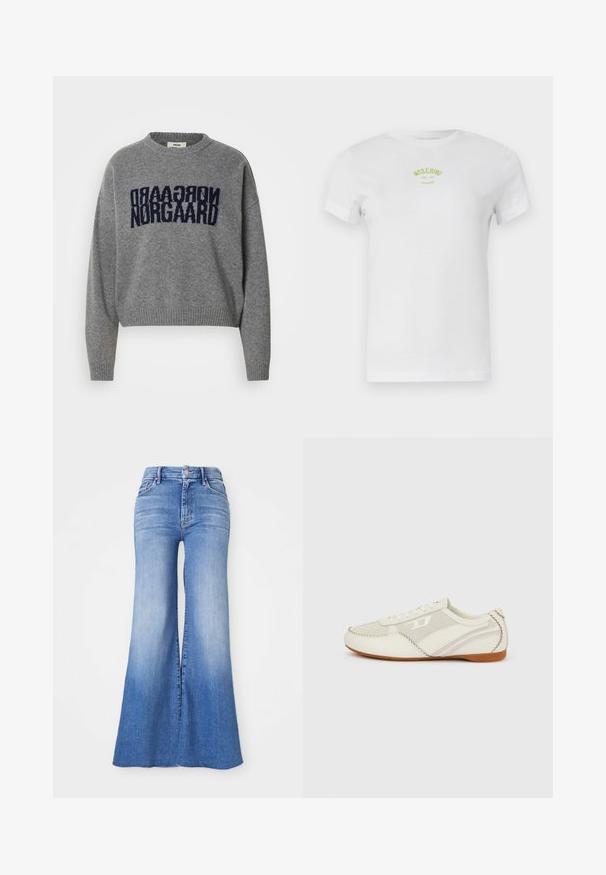 Grijze, gebreide trui met een ronde hals, met de woorden "NORGAARD" in marineblauw. Cropped ontwerp, ribgebreide zoom en manchetten.; Wit T-shirt met korte mouwen en een ronde hals, met kleine groene tekst "Moschino Jeans 86-23" gecentreerd op de borst.; Lichte spijkerbroek met uitlopende pijpen, hoge taille en opvallend brede benen, met een lichte vervaging naar de zoom toe. Met knoop- en ritssluiting.; Witte sneakers met een mix van gestructureerde materialen, voorzien van een zigzagsteekpatroon, zijstrepen en een bruine rubberen zool.