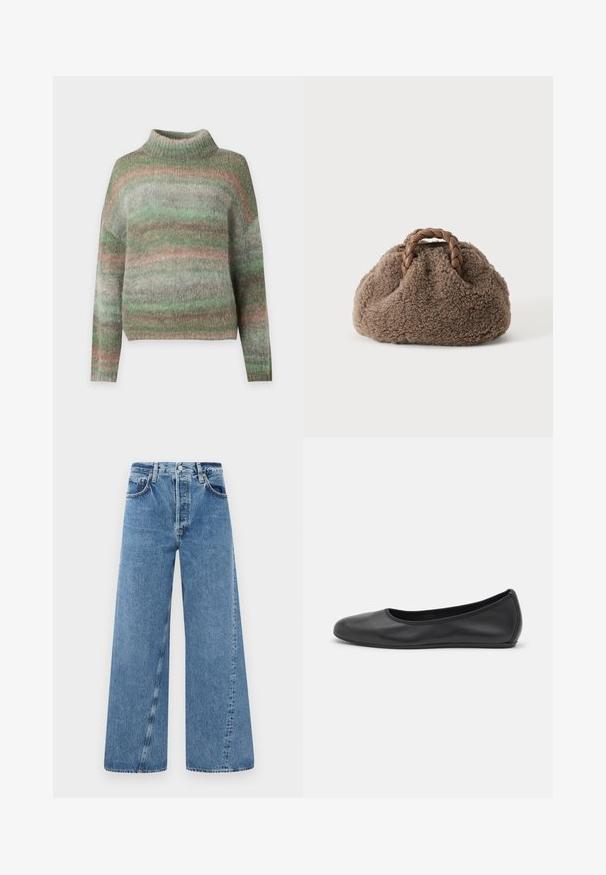 Zachte gebreide trui met lange mouwen en een hoge kraag met horizontale strepen in gedempte groen-, roze- en grijstinten.; Wijdvallende blauwe denim jeans met een hoge taille, knoopsluiting en kleine zakken aan de voorkant. De stof heeft een subtiele textuur en een vervaagde afwerking.; Zwarte leren ballerina met een ronde neus, gladde textuur, minimale stikdetails en een flexibele zoolontwerp.; Kleine bruine fuzzy handtas met gevlochten leren handvatten op een effen lichte achtergrond.