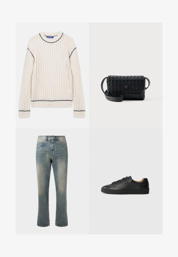 Off-white geripptes Sweatshirt aus weichem Material, mit dunkelgrauen Akzenten am Halsausschnitt und am Saum, ausgestattet mit langen Ärmeln.; Hellblaue Denim-Jeans mit geradem Bein, mittelhoher Taille und subtilen Ausbleichungen. Verfügt über klassische Taschenstil und Kontrastnähte.; Schwarze, niedrig geschnittene Ledersneaker mit strukturierter Oberfläche, schwarzen Schnürsenkeln und dicker Gummisohle, seitlich auf einem hellen Hintergrund dargestellt.; Schwarze, strukturierte Umhängetasche mit Klappverschluss und kleinem Metalllogo auf der Vorderseite, vor einem schlichten Hintergrund präsentiert.
