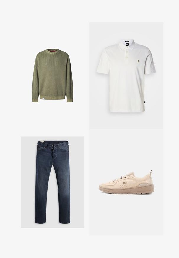 Pepe Jeans Trui - military green; Wit poloshirt van katoen, met een placket van drie knopen, korte mouwen en een klein geborduurd logo op de linkerborst.; Donkerblauwe denim jeans met een rechte pijp, voorzien van een rits en metalen knopen, en koperen klinknagels. Gladde textuur, geen zichtbare patronen.; Beige suède sneaker met veters aan de voorkant, ademende perforaties, dikke zool en een trekkoord aan de hiel, weergegeven vanaf de zijkant tegen een witte achtergrond.