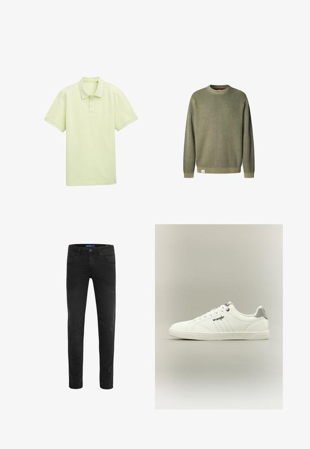 Pepe Jeans Jersey de punto - military green; Polo de color verde claro, de manga corta, fabricado en tejido suave, con tres botones en la parte frontal, detalles de rayas blancas en el cuello y los bordes de las mangas. Logotipo sencillo en la parte delantera.; Jeans negros de mezclilla, con un ajuste Slim Fit y una textura suave, cinco bolsillos y un cierre de botón en la cintura.; Zapatilla blanca de corte bajo con cordones, franjas laterales perforadas, lengüeta gris en el talón y logotipo "Wrangler" en el lado exterior.