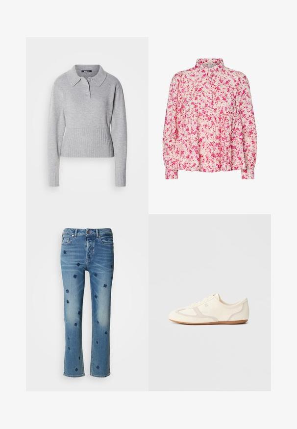 Grijze gebreide trui met een kraagnek, drie knopen en een geribde zoom. Voorzien van lange mouwen en een zachte textuur.; Blouse met lange mouwen en bloemmotief met roze en rode verspreide bloemen, geplooide details en een klassieke kraag op een lichte achtergrond.; Lichtblauwe denim jeans met rechte pijpen, voorzien van marineblauwe bloemenborduurwerk en wassing-effecten nabij de zakken en de zoom.; Crème-witte sneakers met een bovenwerk van suède en stof, een afgeronde neus en een rubberen zool met een beige accentdetail. Vetersluiting.