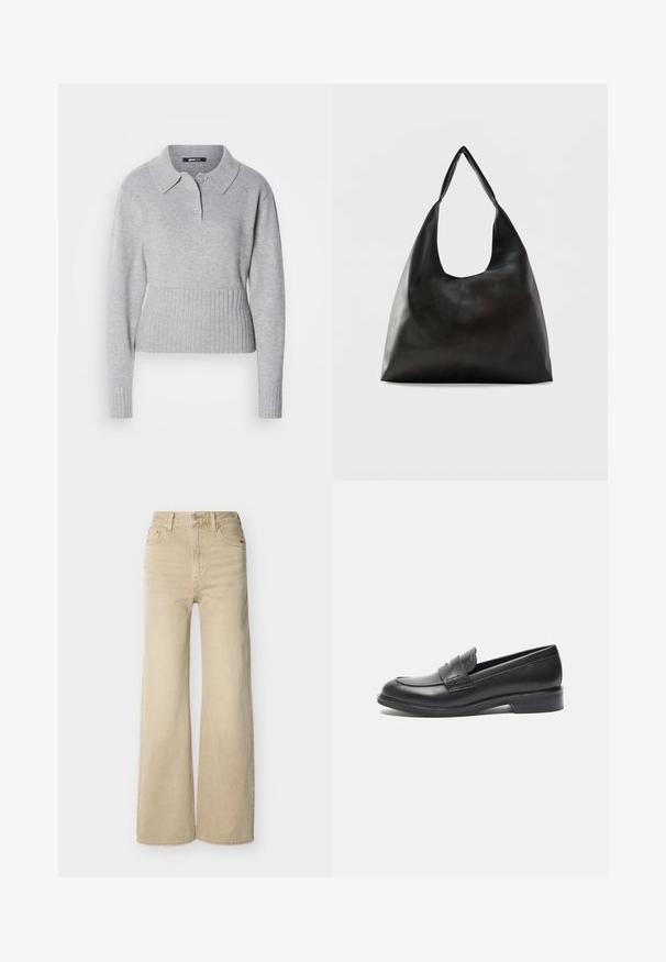 Suéter gris de punto con un cuello tipo camisa, tres botones y dobladillo acanalado. Presenta mangas largas y una textura suave.; Jeans beige de talle alto y pierna ancha con botón y cremallera frontal, bolsillos delanteros y traseros, y presillas para cinturón sobre un fondo blanco.; Mocasines de cuero negro con un acabado suave, punta redondeada y detalle de costura lateral. Presentan un tacón bajo y rectangular.; Bolso de hombro de cuero negro liso con una correa ancha y única y un diseño desenfadado y minimalista sobre un fondo sencillo.