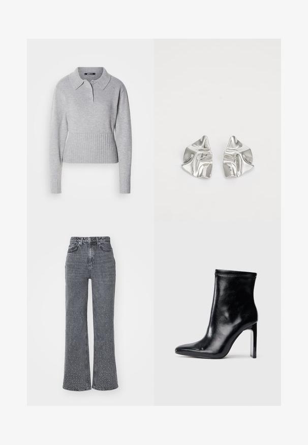 Grå strikket sweater med krave, tre knapper og ribbet kant. Har lange ærmer og en blød tekstur.; Grå denim flared jeans med høj talje, der har et subtilt prikket mønster og fem-lomme design. Slidt tekstur nær sømmen.; Sorte læder ankelstøvle med spidse tæer og høj klar hæl. Glat tekstur og minimal syning på overmaterialet.; Sølvmetal øreringe med et bølgende, skulpturelt design, der har en poleret overflade og uregelmæssige former, hvilket fremhæver en moderne æstetik.