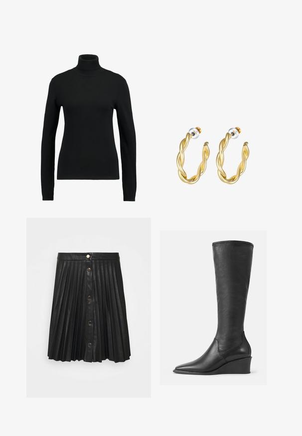 Sort turtle-neck sweater lavet af glat strikstof. Har lange ærmer og en tætsiddende pasform, med ribbet hals og kantdetaljer.; VILA VIAMINA BUTTON SKIRT - Mini skirts - black; Knæhøje sorte læderstøvler med en glat overflade, spids tå og kilehæl; har en syet kant øverst.; Guld snoede hoops øreringe med en glat overflade, der har en transparent baggrund og hardware i guldtoner.
