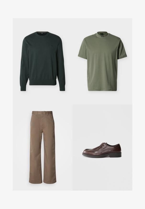 Suéter de cuello redondo de manga larga en verde oscuro con puños y dobladillo acanalados, pequeño logo negro "BOSS" bordado en el lado izquierdo del pecho.; Camiseta verde oliva con cuello redondo, mangas cortas y textura suave. Presenta la marca "BOSS" en el cuello.; Pantalones de pierna ancha color beige, fabricados en una suave mezcla de algodón, con cierre de botón, trabillas para cinturón y sin patrones visibles. Textura suave.; Zapato de vestir de cuero marrón con punta redonda, acentos de costura mínimos y una suela negra resistente. Presenta un cierre con cordones y una textura suave.