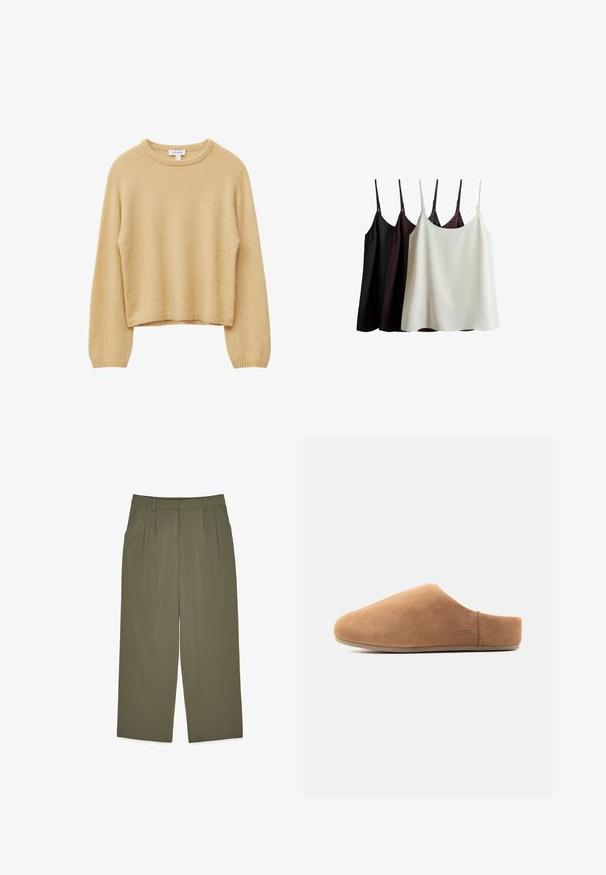 Lichtbeige, cropped trui met een ronde halslijn, lange mouwen, geribbelde zoom en een zachte textuur. Perfect om te lagen in koel weer.; Vier mouwloze hemdjes met dunne bandjes in zwart, bruin en crème, elkaar overlappend uitgestald op een witte achtergrond.; Olijfgroene hoge taillebroek met riemlussen, voorplooien, zijzakken en een wijde pijp, plat gelegd op een witte achtergrond.; Beige suède instap-slipper met gesloten neus, open achterkant, platte zool en klein UGG-logo aan de zijkant, zijaanzicht.