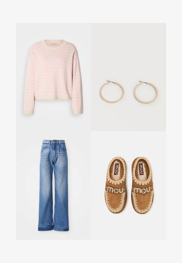 Pull couleur crème à rayures horizontales rose pâle, avec un col rond, des poignets côtelés et un ourlet court.; Jean large bleu clair en denim, doté d'une taille haute, de cinq poches et de légères traces de frottement à l'avant pour une texture.; Paire de chaussons mocassins marron avec bordure tricotée crème et doublure intérieure douce, chacun avec une bride portant le logo "mou" sur le dessus.; Paire de boucles d'oreilles créoles moyennes lisses ton or avec fermoirs à charnière sur fond clair uni.