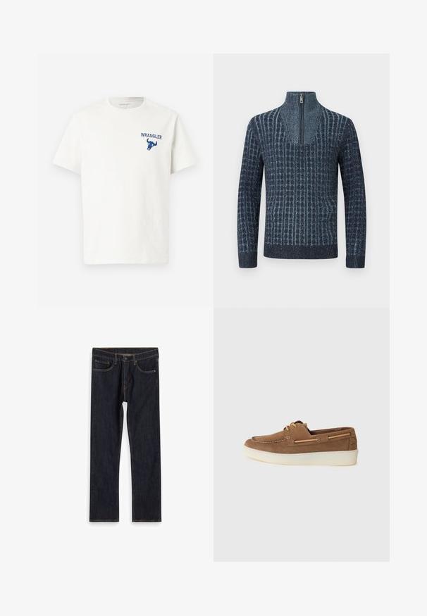 Gebreide trui in donkerblauw met een patroontextuur, voorzien van een hoge hals en een half rits aan de voorkant. Lange mouwen en geribbelde zoom.; Witte katoenen t-shirt met een blauw Wrangler-logo en een stier graphic op de linker borst. Korte mouwen en ronde hals.; Donkerblauwe recht gesneden denim jeans met voorkruiken, riemlussen en contrasterende oranje stiksels, plat gelegd op een witte achtergrond.; Bruine suède boot schoenen met een crèmekleurige rubberen zool, veters, en contrasterende stiksels, met een laag profiel en een lichtgewicht constructie.