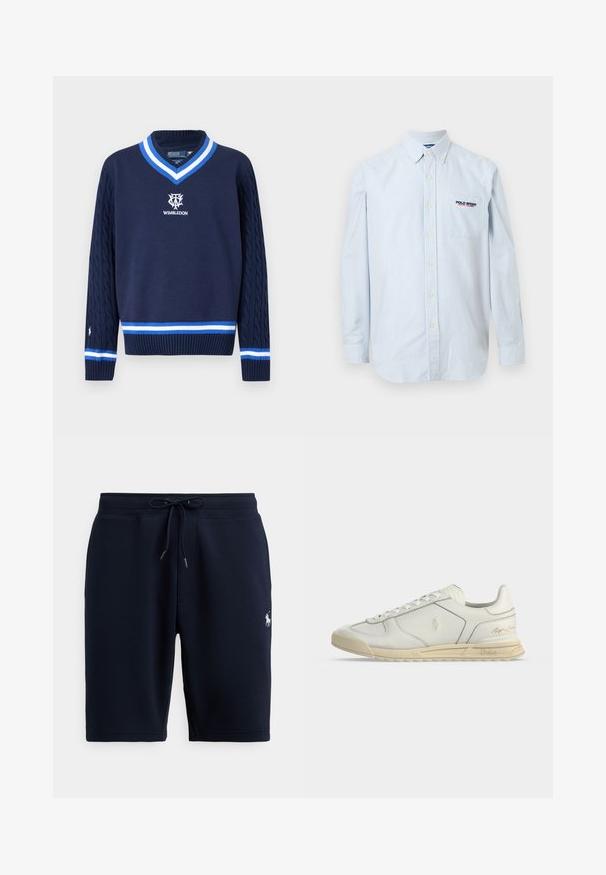 Marineblå V-hals sweater med kabelstrikkede ærmer, hvid og blå stribet kant og Wimbledon-logo broderet på brystet.; Lyseblå og hvide stribede langærmede skjorte med knaplukning, knaplukket krave og "Polo Sport Ralph Lauren" logo på brystlommen.; Marineblå atletiske shorts i bomuld med elastisk taljebånd, snor og logoaccents på venstre side. Glat tekstur, knælang.; Hvid lavtop lædersneaker med beige sål, snørebånd foran og Polo Ralph Lauren logoer prægede på siden og hælen.