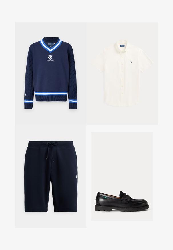 Marineblå V-hals sweater med kabelstrikkede ærmer, hvid og blå stribet kant og Wimbledon-logo broderet på brystet.; Hvid kortærmet skjorte med knapper, krave og lille navyblåt Polo Ralph Lauren-logo på venstre bryst.; Marineblå atletiske shorts i bomuld med elastisk taljebånd, snor og logoaccents på venstre side. Glat tekstur, knælang.; Sort læderloafer med chunky sål, rundet tå og grøn Polo-logo tag på siden.