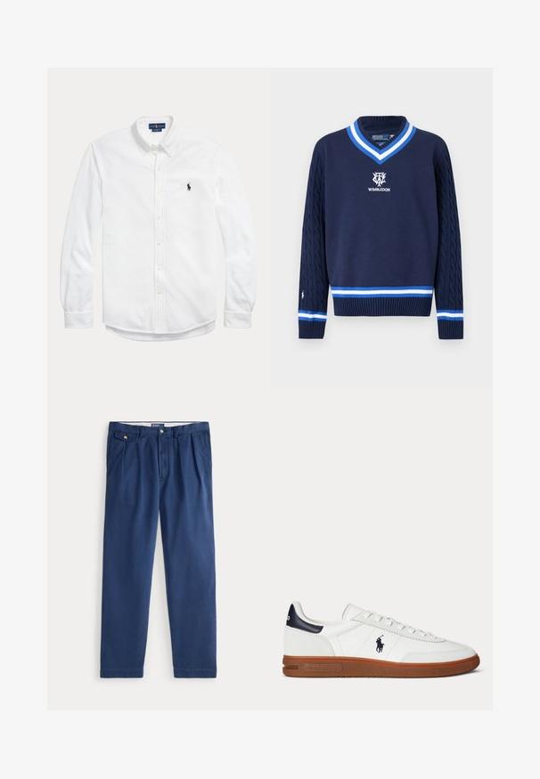 Marineblauwe V-hals trui met kabelgebreide mouwen, wit-blauwe gestreepte rand en Wimbledon-logo op de borst geborduurd.; Wit overhemd met lange mouwen, knopen, button-down kraag en klein donker Polo Ralph Lauren-logo op de linkerborst.; Marineblauwe casual broek met een met knopen gesloten zakklep aan de rechterkant, voorzakken en riemlussen.; Witte lage sneaker met bruine zool, zwarte hielpatch, geborduurd logo van een polo-speler en witte veters.