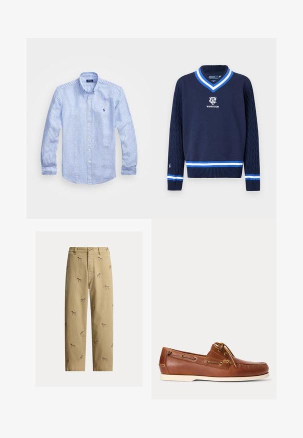 Marineblauwe V-hals trui met kabelgebreide mouwen, wit-blauwe gestreepte rand en Wimbledon-logo op de borst geborduurd.; Blauw-wit gestreept overhemd met lange mouwen van katoen, met een button-down kraag, knopen aan de voorkant en een klein geborduurd logo op de borst.; Beige ribfluwelen broek met geborduurde hondendesigns, rechte pijp, en vijfzakkenstijl met een knoopsluiting aan de voorkant.; Bruine leren bootschoen met witte zool, veter gestrikt bovenaan en metalen veterogen langs de zijkanten en voorste stiksels.
