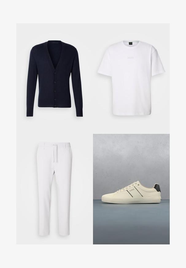 Cárdigan azul marino con escote en V, puños y dobladillo acanalados. Presenta seis botones en la parte delantera y una textura de punto suave.; Camiseta de algodón blanca de manga corta, con escote redondo y logotipo grabado de "BOSS" en el pecho. Textura suave, ajuste estándar.; Pantalones blancos ajustados con cintura elástica, cierre de cordón, textura suave y sin patrones ni acentos visibles.; Zapatillas de color crema con una textura suave, que presentan acentos y marcas en negro. Diseño clásico de cordones con punta redonda y suela de goma.