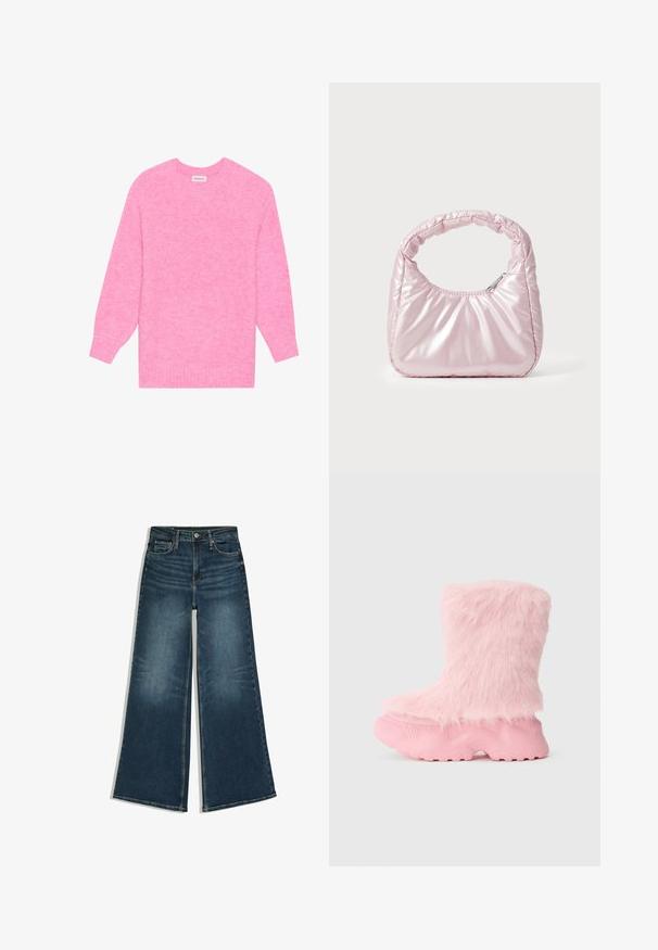 Pull en tricot rose avec un col rond, des manches longues et des poignets côtelés. Tissu texturé avec un motif légèrement chiné.; Jean en denim bleu à jambes larges avec bouton sur le devant et poches, posé à plat sur fond blanc.; Botte rose épaisse avec une semelle texturée et une douce fausse fourrure moelleuse recouvrant toute la partie supérieure.; Sac à main rose rembourré avec un design arrondi, fabriqué à partir d'un matériau brillant. Dispose d'une poignée froncée et d'une fermeture éclair pour un accès sécurisé.