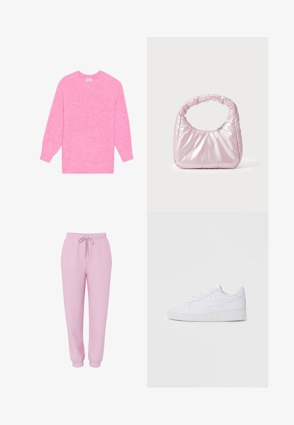 Roze gebreide trui met een ronde hals, lange mouwen en ribgebreide manchetten. Gelaagd stof met een subtiel gemêleerd patroon.; Lichtroze joggingsbroek met elastische tailleband, trekkoord, zijzakken en elastische boorden, afgebeeld op een witte achtergrond.; Witte Nike Air Force 1 sneakers met een leren bovenwerk, ronde neus, vetersluiting, gewatteerde kraag en textuurrubberzool.; Roze, gevoerde handtas met een afgeronde vorm, gemaakt van glanzend materiaal. Beschikt over een geplooide handgreep en een ritssluiting voor veilige toegang.