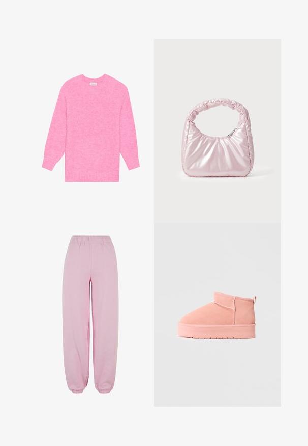 Pull en tricot rose avec un col rond, des manches longues et des poignets côtelés. Tissu texturé avec un motif légèrement chiné.; Urban Classics Pantalon de survêtement - softpink; Bottine rose en suède avec semelle plate, détails cousus et tirant à l'arrière, sur fond gris clair uni, vue de côté.; Sac à main rose rembourré avec un design arrondi, fabriqué à partir d'un matériau brillant. Dispose d'une poignée froncée et d'une fermeture éclair pour un accès sécurisé.