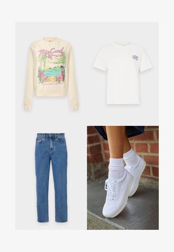 Cremefarbener Sweatshirt mit bunter tropischer Szenerie, "Rip Curl" Schriftzug, Palmen, Blumen, Ozean und dem Slogan "Live the Search. Since 1969".; Weißes Baumwoll-T-Shirt mit einem blau-orangefarbenen grafischen Textdesign auf der linken Brustseite. Klassische kurze Ärmel und Rundhalsausschnitt.; Hochtaillierte blaue Jeans aus Denim, gerade Beine, Knopfverschluss, fünf Taschen, leichte Ausbleichungen und tonale Nähdetails.; Weiße Leinensneaker mit Gummisohlen, ausgestattet mit sechs Ösen, runder Zehenpartie und dezenten Nähten, kombiniert mit weißen Knöchelsocken.