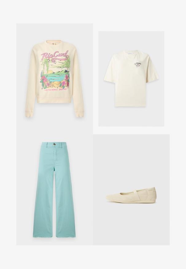 Krémová mikina s farebnou tropickou scénou, textom „Rip Curl“, palmami, kvetmi, oceánom a sloganom „Live the Search. Since 1969“.; Tričko ecru s krátkym rukávom, s malým ružovým kvetinovým vzorom a textom "OSAKA" na ľavej hornej časti hrude.; Široké nohavice vyrobené z svetlomodrej látky s rozstrapkaným okrajom. Obsahujú zapínanie na gombík a štandardné vrecká. Celková hladká textura.; Béžové baletky s hladkým koženým povrchom, mandľovým tvarom špičky a elastickým pásikom cez priehlavok, so subtílnymi švovými detailmi.