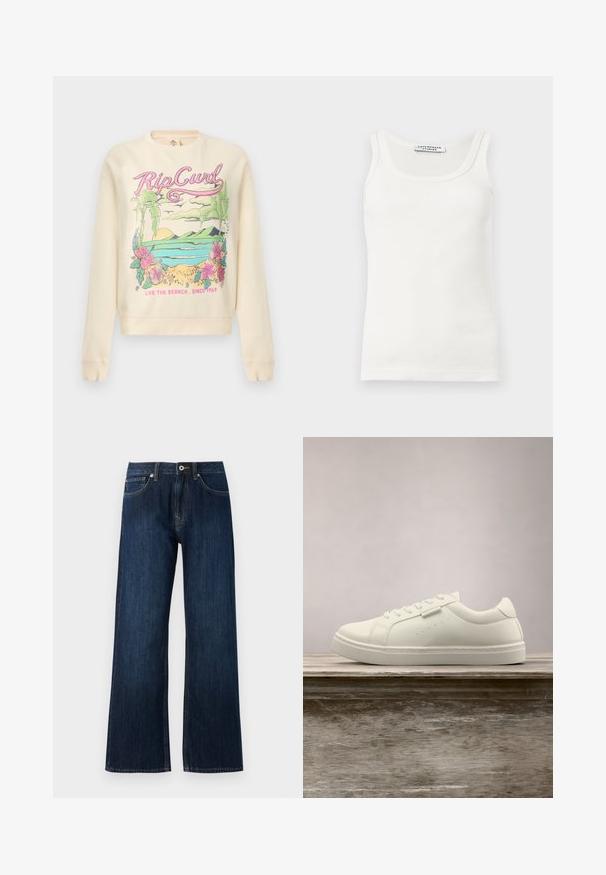 Crèmekleurige sweater met kleurrijke tropische scène, "Rip Curl" tekst, palmbomen, bloemen, oceaan en slogan "Live the Search. Since 1969".; Witte geribbelde mouwloze tanktop met ronde halslijn en Copenhagen Studios-label aan de binnenkant van de kraag.; Wijdvallende donkerblauwe spijkerbroek van denim, met een rits, knoopsluiting en twee voorzakken met contrasterende stiksels.; Witte leren sneaker met veters die boven een houten bank zweeft, met groen lang gras dat op de achtergrond vervaagd is in de buitenlucht.