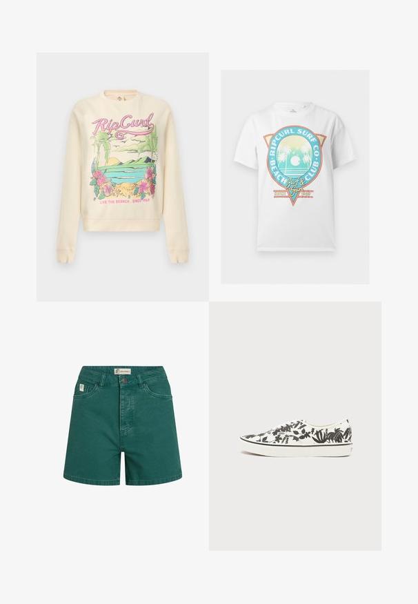 Sweat-shirt crème avec une scène tropicale colorée, texte "Rip Curl", palmiers, fleurs, océan et slogan "Live the Search. Since 1969".; T-shirt blanc à manches courtes avec logo coloré "Ripcurl Surf Co Beach Club" représentant des palmiers, le soleil, des oiseaux, et le texte "Surf & Sun Since 1969".; Shorts en denim vert avec une taille haute, un design à cinq poches et une fermeture à boutons sur le devant. Présente des détails cousus et une étiquette logo sur la ceinture.; Baskets basses blanches Vans avec imprimé botanique noir, lacets blancs et semelle blanche avec une fine ligne noire autour.