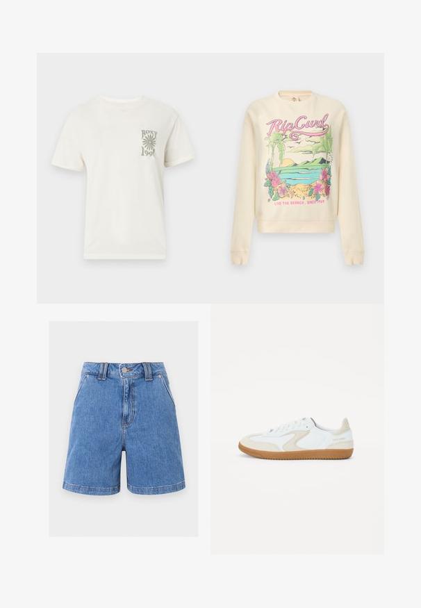 Sweat-shirt crème avec une scène tropicale colorée, texte "Rip Curl", palmiers, fleurs, océan et slogan "Live the Search. Since 1969".; T-shirt blanc à manches courtes avec encolure ronde, présentant un petit motif gris d'une fleur et le texte "ROXY 1990" sur la poitrine gauche.; Short en jean bleu avec fermeture devant par bouton et zip, passants de ceinture, poches avant et ourlet droit sur un fond uni clair.; Baskets blanches avec des accents en brun, en daim et en cuir lisse, bout arrondi, semelle plate en caoutchouc et logo sur le talon.