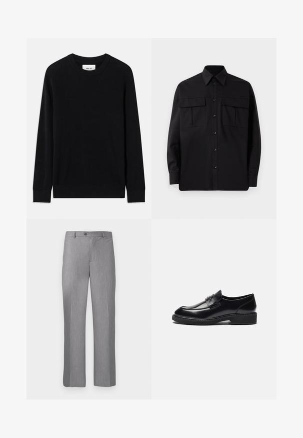 Sort ribbet sweater med rund halsudskæring, lange ærmer og strikket tekstur. Har en lige kant og en subtil brandinglabel indeni.; Sort langærmet skjorte med klassisk krave, to brystlommer og knaplukning. Lavet af glat stof med en let afslappet pasform.; Grå skræddersyede bukser med bælte-løkker, frontknap og lynlås, med lige ben.; Zign by Zalando LEATHER - Business loafers - black