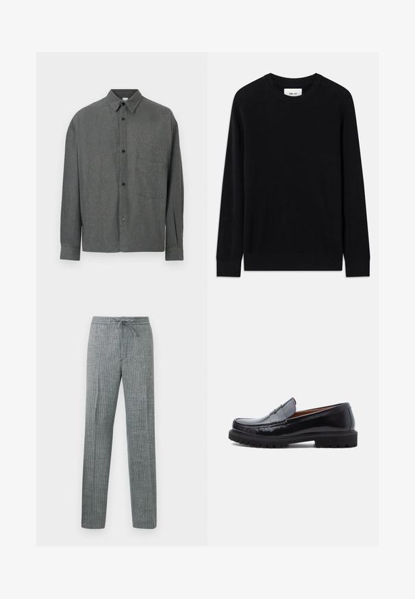 Pull noir à côtes avec un col rond, des manches longues et une texture tricotée. Présente un ourlet droit et une étiquette de marque discrète à l'intérieur.; Chemise à manches longues grise foncée à carreaux, boutonnée, avec col et poche poitrine sur fond uni.; Pantalon gris ajusté avec fines rayures blanches verticales et taille à cordon, présenté à plat sur un fond blanc.; Mocassin penny en cuir noir avec semelle en caoutchouc épaisse et couture moc toe, montré de profil sur un fond blanc.