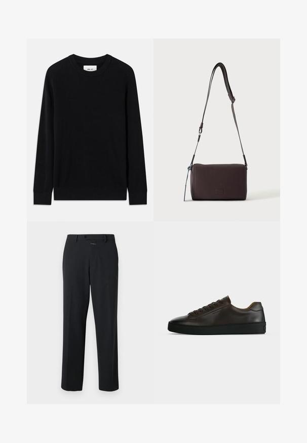 Pull noir à côtes avec un col rond, des manches longues et une texture tricotée. Présente un ourlet droit et une étiquette de marque discrète à l'intérieur.; Pantalon noir à coupe droite, en tissu lisse. Il présente une fermeture à bouton à l'avant et des détails de couture subtils. Conception simple sans motifs.; Baskets basses en cuir marron foncé avec semelle en caoutchouc noire, lacets à l'avant et design minimaliste épuré sur fond clair.; Sac bandoulière en cuir marron foncé texturé avec une sangle réglable et un petit accent décoratif bleu sur le côté.