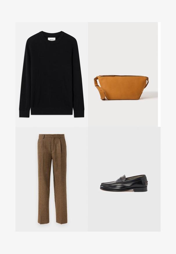 Sort ribbet sweater med rund halsudskæring, lange ærmer og strikket tekstur. Har en lige kant og en subtil brandinglabel indeni.; Brune ternede bukser med løs pasform, der har folder foran, et glat tekstureret stof og et lige ben design.; Sorte læderloafers med moccasin-design, der har en dekorativ bånd og syningsdetaljer på overdelen. Lav blokhæl.; Lys brun læder crossbody taske med justerbar rem og lynlås, vist mod en ensartet lys baggrund.